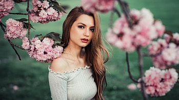 Beautiful Girl Model Is Wearing Light Grey Dress Standing Near Pink Blossom Flowers Tree Branches Girls HD wallpaper