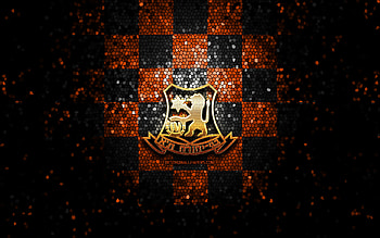 Bnei Yehuda Tel Aviv FC, glitter logo, Ligat ha Al, orange black checkered background, soccer, Israeli football club, Bnei Yehuda Tel Aviv logo, mosaic art, football, Bnei Yehuda Tel Aviv, Israel HD wallpaper