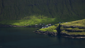 Faroe Islands, Shoreline beauty, Majestic mountains, Tranquil waters HD wallpaper