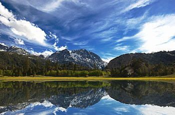 Mountains, forest, lake, tree, nature, reflections HD wallpaper