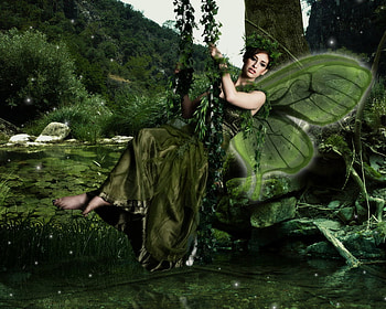 Nature Fairy, glowing, swing, girl, fantasy, abstract, light, magical, green, nature HD wallpaper