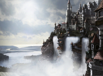 Fatastic Waterfall, city, fantasy, sky, castle, Waterfall HD wallpaper