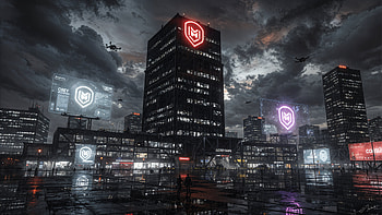 Neon Syndicate — Evil Corp Skyline ( ), Skyscraper, Cityscape, Cyberpunk, Drone HD wallpaper