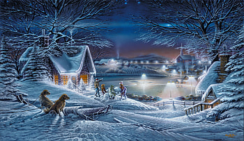 Evening star, night, winter, frost, art, cold, beautiful, dusk, beautifdul, painting, snow, christmas, view, evening, village, ice, countryside HD wallpaper