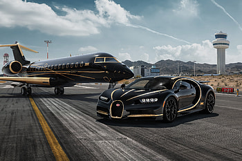 Bugatti Chiron And Private Jet, bugatti-chiron, bugatti, 2018-cars, artist, behance HD wallpaper