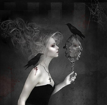 A Mirror Crack'd, mirror, raven, fantasy, cross, goth, blood, female HD wallpaper