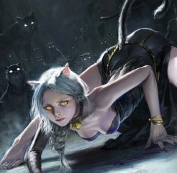 Cat Girl, night, cat ears, black, cats, long hair, dress, beauty, lady, abstract, fantasy woman, female, art, eyes, blue hair, beautiful, tail, woman, fantasy, pretty HD wallpaper