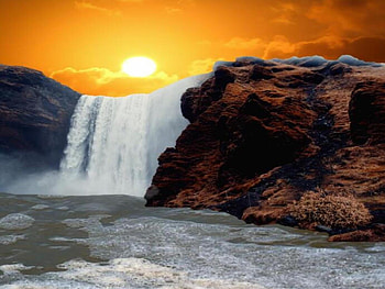 A beautiful waterfall at sunset, reds, waterfall, rocks, lake, sunset HD wallpaper