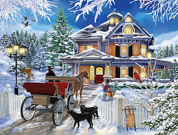 A Welcome Visit, winter, horse, deer, snow, snowmen, dogs, carriage, sled HD wallpaper