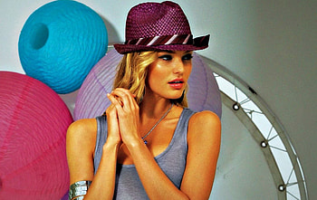 Candice Swanepoel, blue, pink, model, girl, hat, woman HD wallpaper