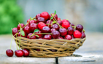 Cheeries, basket, fruit, food HD wallpaper