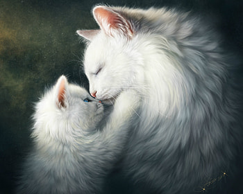 Tenderness, kitten, white, art, cute, alenaekaterinburg, cat, pisica, fantasy, mother, kiss, luminos, paw HD wallpaper