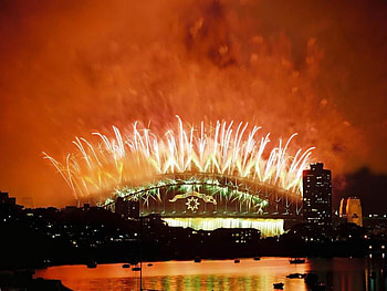 Fireworks in Red, Sydney, fireworks, night, bridge, lights HD wallpaper