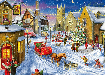 Christmas in Town, winter, horse, people, houses, artwork, sleigh, painting, snow, lights, santa HD wallpaper