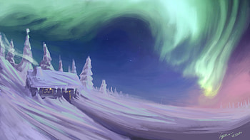 Winter, Trees, Art, Snow, House, Aurora Borealis, Northern Lights HD wallpaper