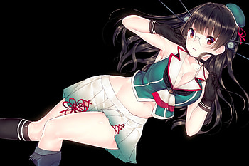 Choukai Heavy Cruiser, cute, ribbons, long hair, beauty, lady, female, sweet, girl, gloves, beautiful, black hair, woman, anime girl, anime, pretty, green, red, lovely HD wallpaper
