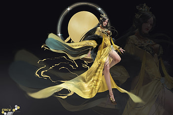 Goddess, golden, black, frumusete, girl, dark, fantasy, moon, yellow, cocy, luna, luminos HD wallpaper