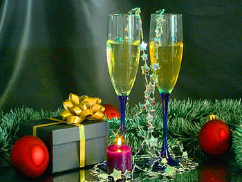 New year still life, composition, colorful, champagne, nice, cheers, glasses, new year, mood, ribbon, gifts, balls, beautiful, still life, decoration, candle, pretty, christmas, noel, lovely, wine HD wallpaper