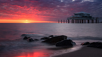 Sunset at the Baltic Sea, Germany, colors, pier, clouds, sky, sun, water HD wallpaper
