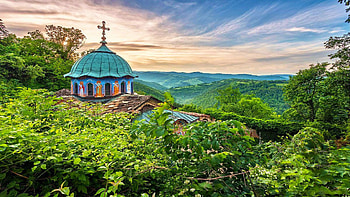 Cloister of Sokol, Bulgaria, hills, clouds, building, landscape, trees, sky, nature, forest, sunrise HD wallpaper
