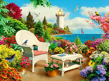 Memories, chair, sea, horizon, colorful, art, paradise, beautiful, relax, spring, summer, rest, flowers HD wallpaper
