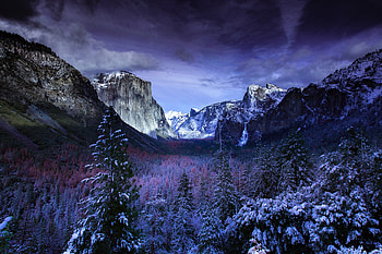 Yosemite valley, trees, sunset, winter, nature HD wallpaper
