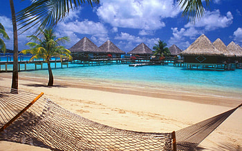 Bora Bora, sea, palms, , , paradise, hammock, beach, vacation, SkyPhoenixX1, summer, cabins, clouds, nature, sky, ocean HD wallpaper