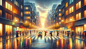 Rainy Cityscape with Glowing Sunset, rain, umbrella, cityscape, street scene HD wallpaper