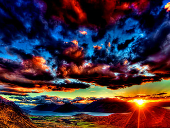 Twilight, sunshine, sea, sunlight, glow, sundown, sunrise, beach, lake, shore, over, clouds, sky, water, sun, sunset HD wallpaper