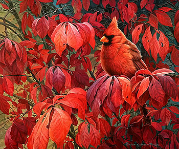 Joni Johnson Godsy, bird, art, painting, red, autumn, nature, leaf, cardinal HD wallpaper