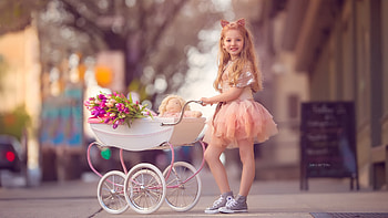 Little girl, toy, girl, orange, dress, copil, meg bitton, street, ears, child HD wallpaper