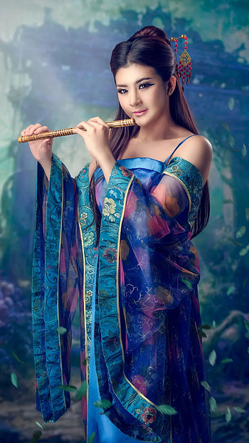 Flute player, beautiful, lovely, face, hair, asian fashion, blue, cute HD phone wallpaper