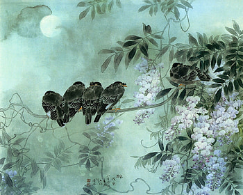 Sleeping birds, art, moon, burd, chinese, leaf, sleep, blue, night, painting, pictura HD wallpaper