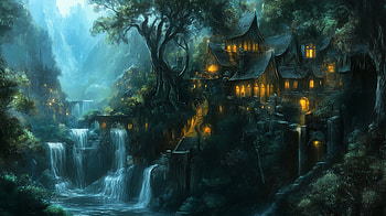 Elven City: A Fantasy, fantasy, elven city, landscape, waterfall, village, fantasy landscape HD wallpaper