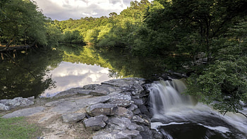 Lake Bailey and the beautiful Bailey Falls, Arkansas, river, clouds, trees, cascades, sky, mountains, usa HD wallpaper