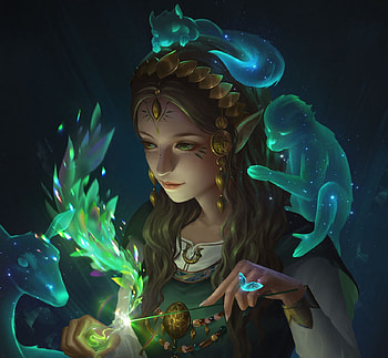 Green witch, frumusete, monkey, spell, gorgeous, veverita, luminita pham, hand, halloween, superb, fantasy, deer, green, face, maimuta, luminos, squirrel, witch HD wallpaper