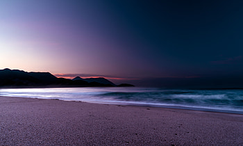Calm, beach, purple, sunset HD wallpaper