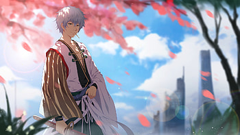 Gintoki Sakata, Sakura blossom backdrop, Smiling expression, Serene moments HD wallpaper