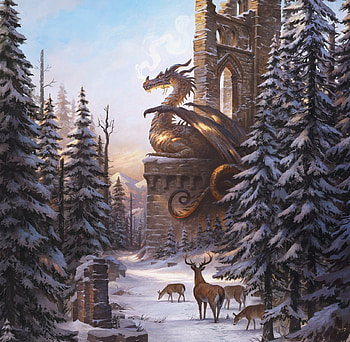 Dragon's place, winter, art, fantasy, iarna, deer, ruins, justin gerard, dragon HD wallpaper