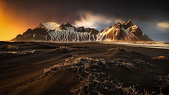 Sunset over Vestrahorn, Iceland, sky, rocks, landscape, clouds, colors, stones HD wallpaper