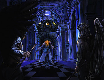 Ayasai Confronts the Council of Nine, blue, wings, lighting, girl, angel, firethief, church, cathedral, purple, caeling, fantasy, yellow HD wallpaper