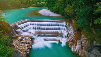 Lech River Waterfall, Bavaria, germany, trees, cascades, rocks HD wallpaper