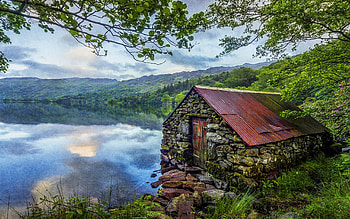 Llyn Gwynant Lake Boathouse, Wales, UK, hills, landscape, trees, clouds, sky, water HD wallpaper