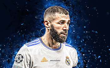 Karim Benzema, , close-up, Real Madrid FC, blue neon lights, soccer, french footballers, La Liga, Karim Mostafa Benzema, Karim Benzema Real Madrid, football, Real Madrid CF, LaLiga, Karim Benzema HD wallpaper