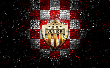 Atletico Junior FC, glitter logo, Categoria Primera A, red white checkered background, soccer, colombian football club, Atletico Junior logo, mosaic art, football, Atletico Junior, Colombian football league HD wallpaper