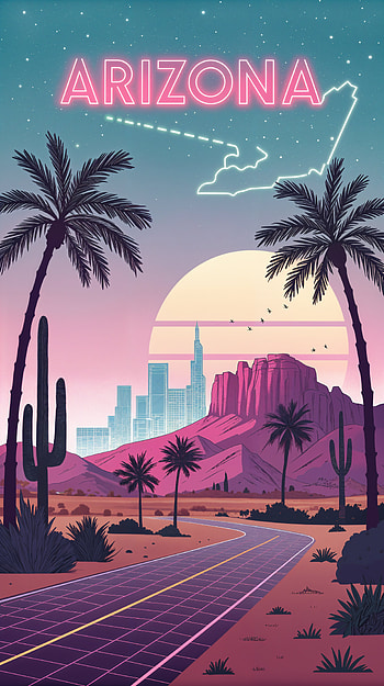 Arizona Neon Dreams: Vibrant Sunset Skyline, Arizona, desert, palm tree, neon sign, vaporwave HD phone wallpaper