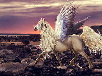 Pegasus, sea, wings, art, beautiful, stones, beach, fantasy, clouds, ocean HD wallpaper