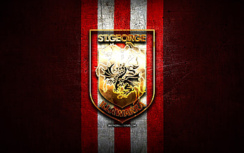 St George Illawarra Dragons, golden logo, National Rugby League, red metal background, australian rugby club, St George Illawarra Dragons logo, rugby, NRL HD wallpaper