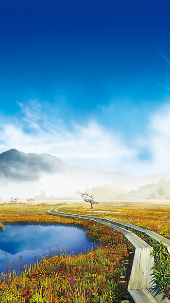 Serene Anime Sky: Misty Mountains & Tranquil Pathway, sky, cloud, fog, mountain, Anime, landscape, anime landscape, Sky Anime HD phone wallpaper