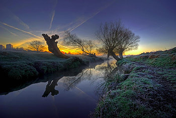 Like a poetry...., rays, landscape, clouds, sunset, tree, stream HD wallpaper